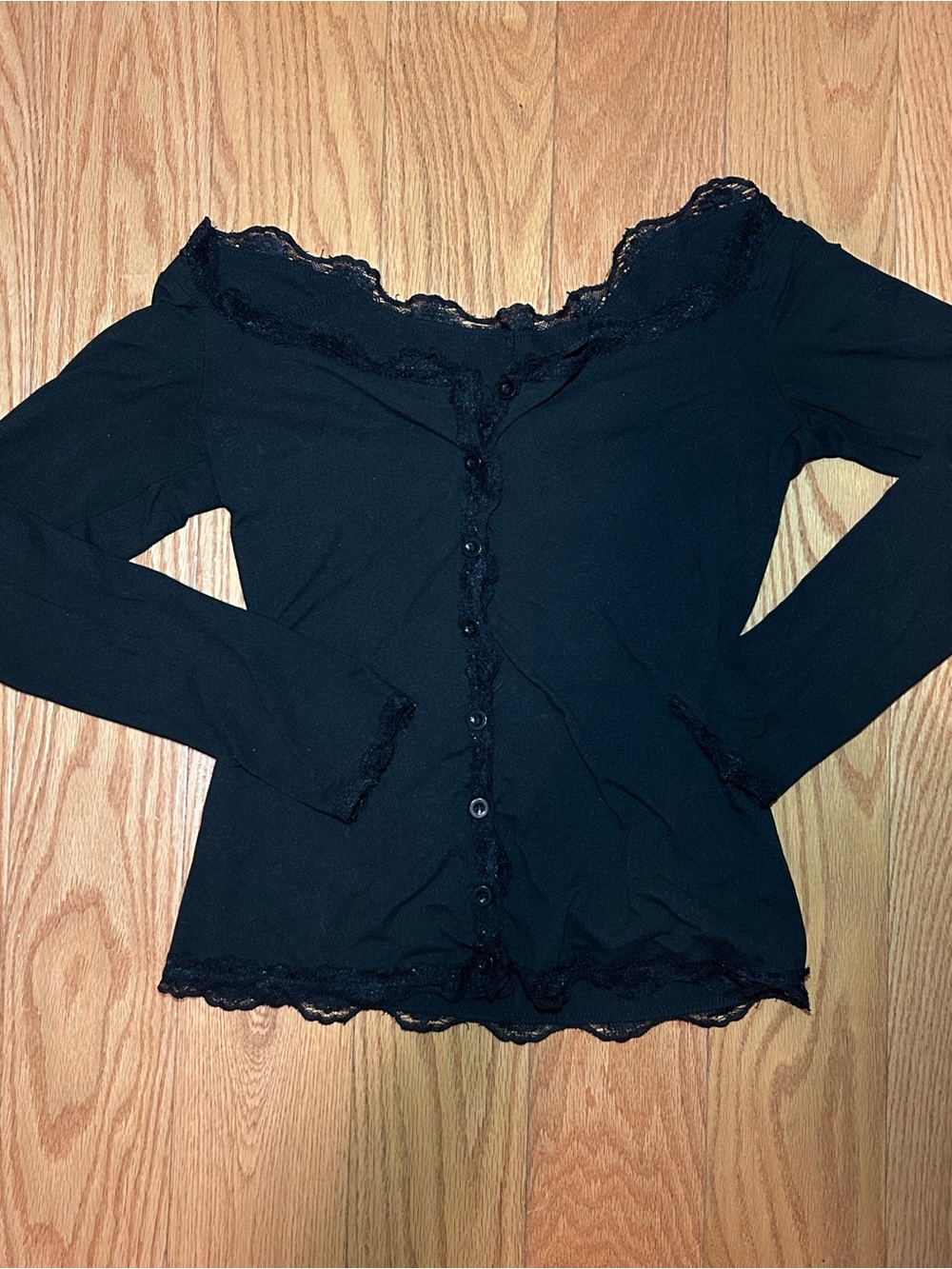 Black Lace-Trim Long Sleeve Button Cardigan - Women